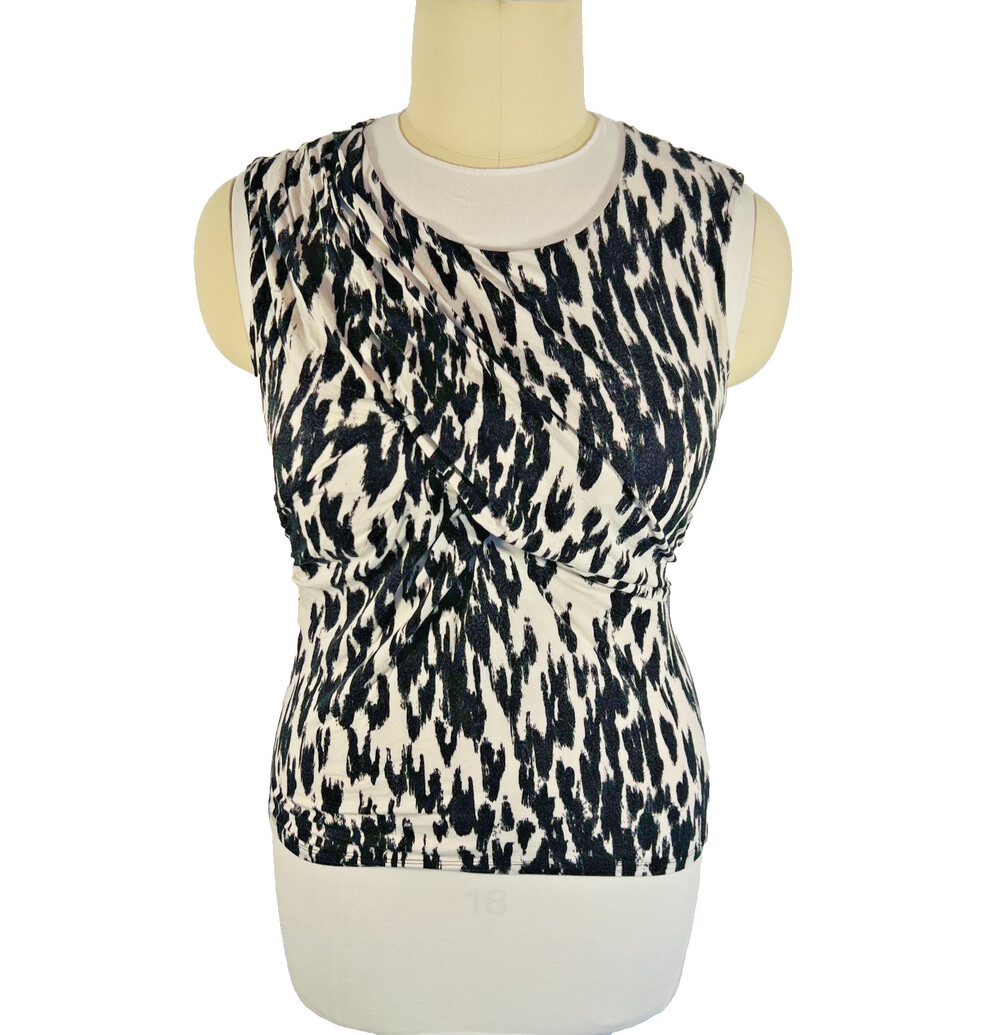 Ann Taylor Tank Women's XL Twist V-Neck Sleeveless Black White Animal Print